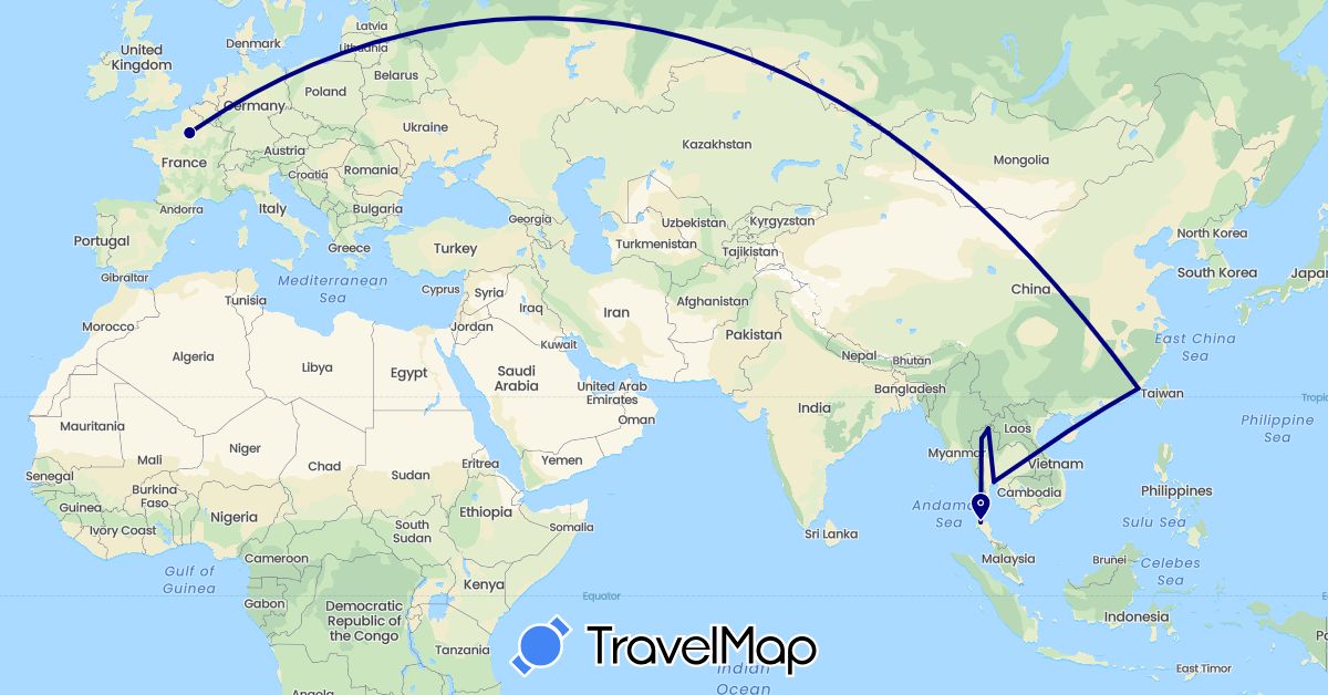 TravelMap itinerary: driving in China, France, Thailand (Asia, Europe)